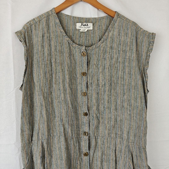 VTG FLAX by Jeanne Engelhart Linen Mini Button Up Sleeveless Striped Dress Sz M - Picture 4 of 10